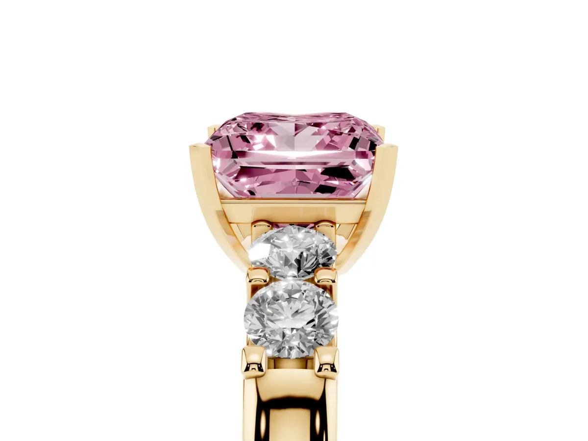 Fancy Pink Princess Cut Brilliant Cut Diamond Five-Stone Prong Set Engagement Ring with Channel Band Yellow gold