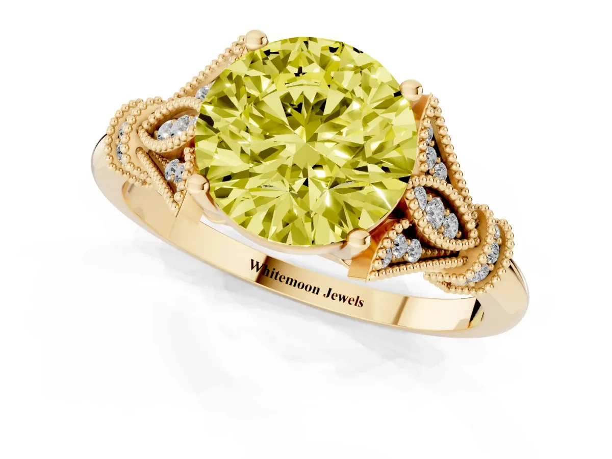 Fancy Yellow Round Cut Diamond Solitaire Ring with Floral Filigree and Pave Accents Yellow gold