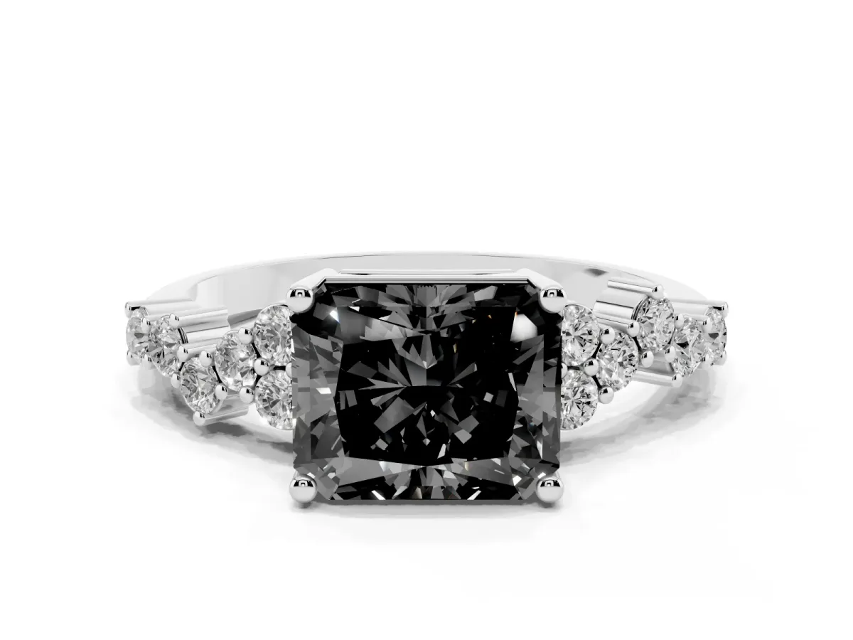 Fancy Black Radiant Cut Diamond Scattered Round Accent Ring with Prong Setting White gold