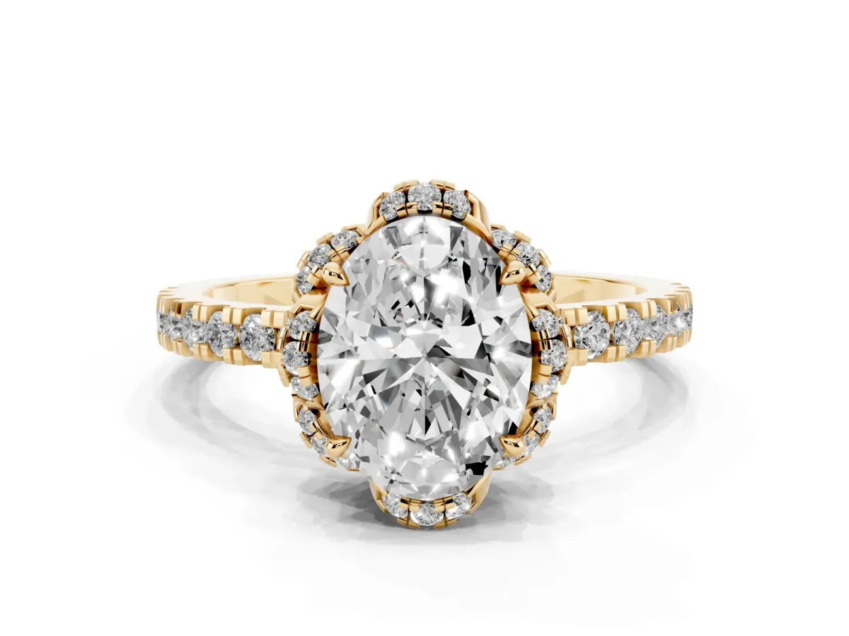 Oval Cut Diamond Halo Pave Band with Four-Prong Setting Yellow gold
