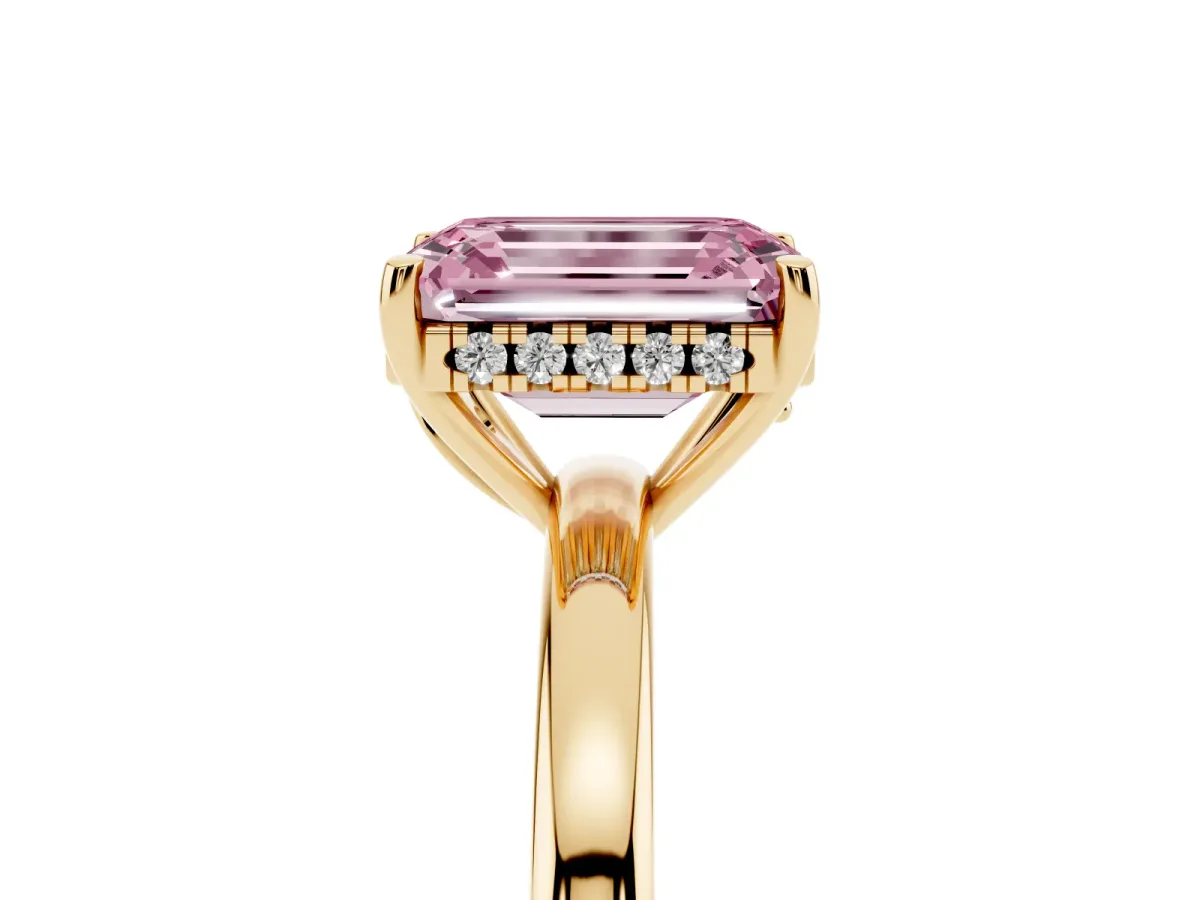 Fancy Pink Emerald Cut Solitaire Diamond Ring with Prong Setting and Plain Band Yellow gold