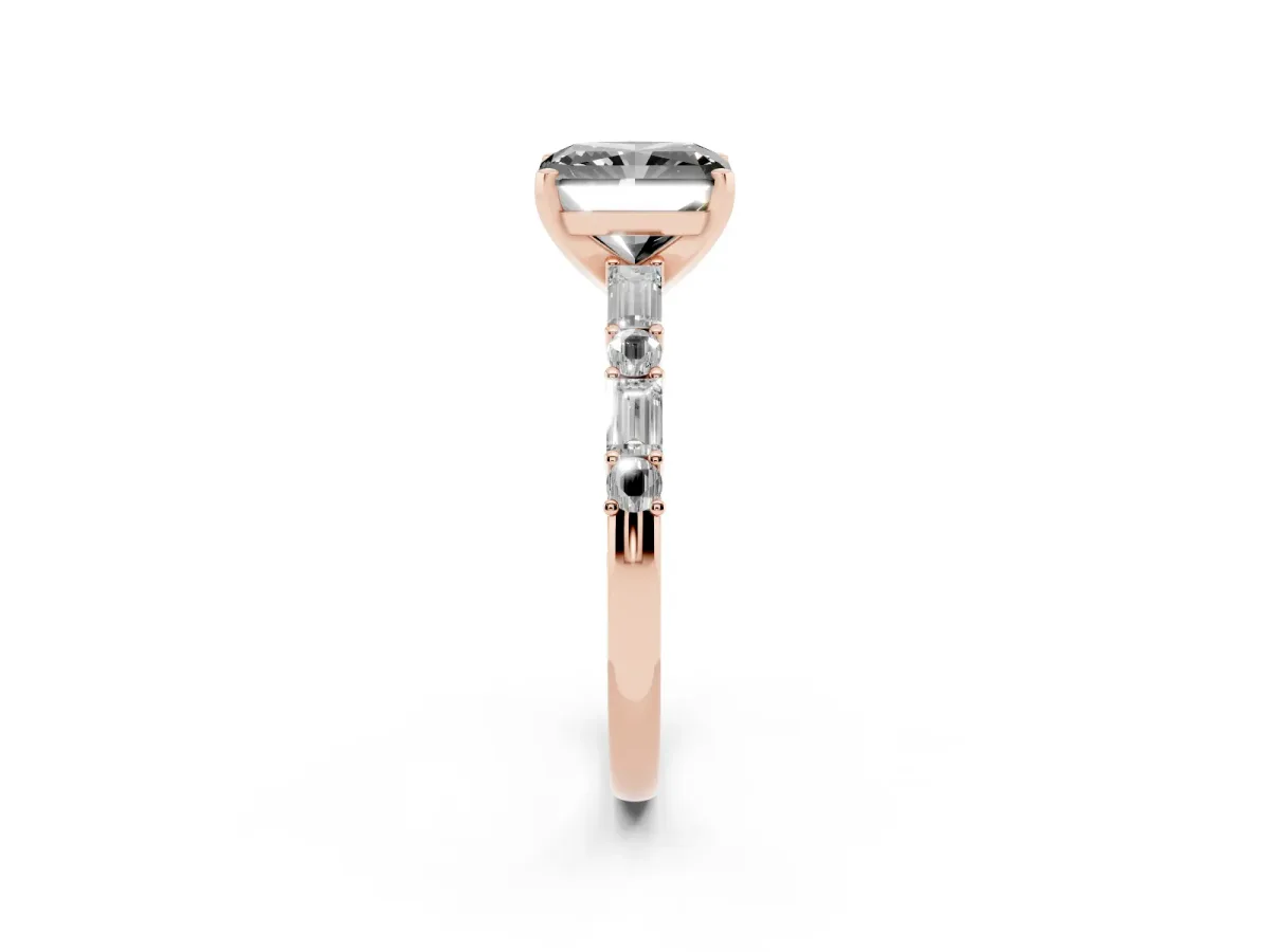 Fancy Black Radiant Cut Diamond Solitaire with Side Baguettes and Channel Set Band Rose gold