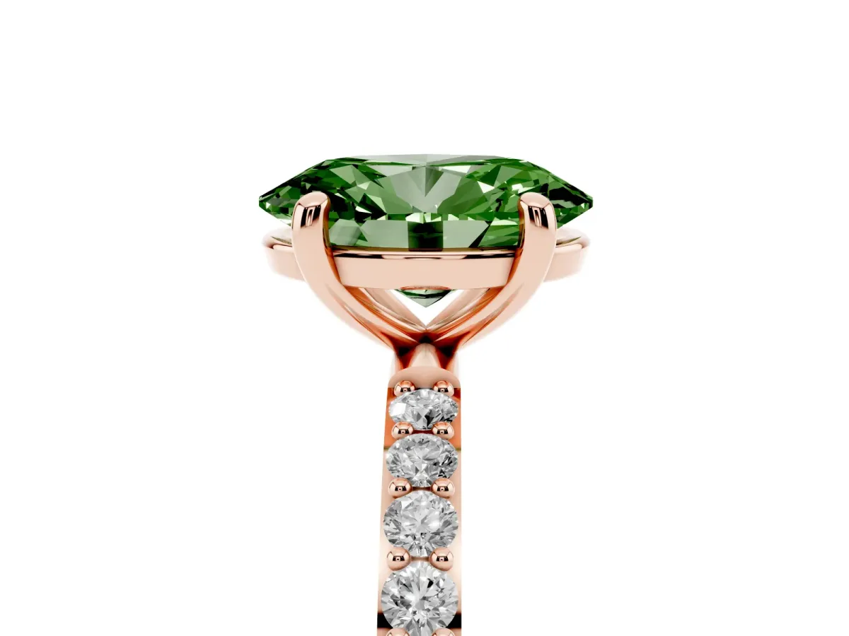 Fancy Green Oval Cut Diamond Solitaire Ring with Round Pavé Band and Prong Setting Rose gold