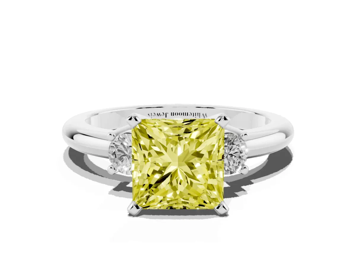 Fancy Yellow Three-Stone Princess Cut Cut Diamond Solitaire with Prong Setting and Classic Band Platinum