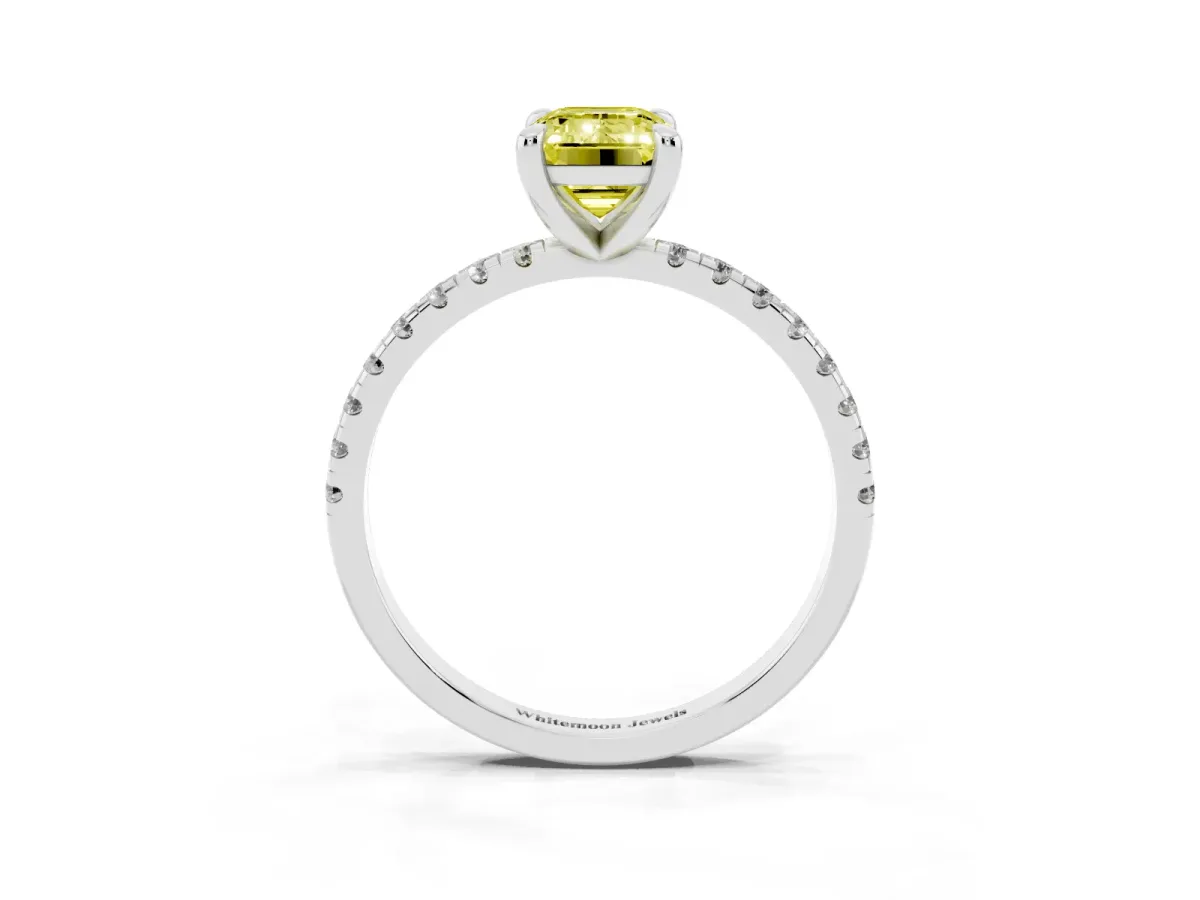 Fancy Yellow Emerald Cut Diamond Brilliant Solitaire Ring with Pavé Band and Four-Prong Setting White gold