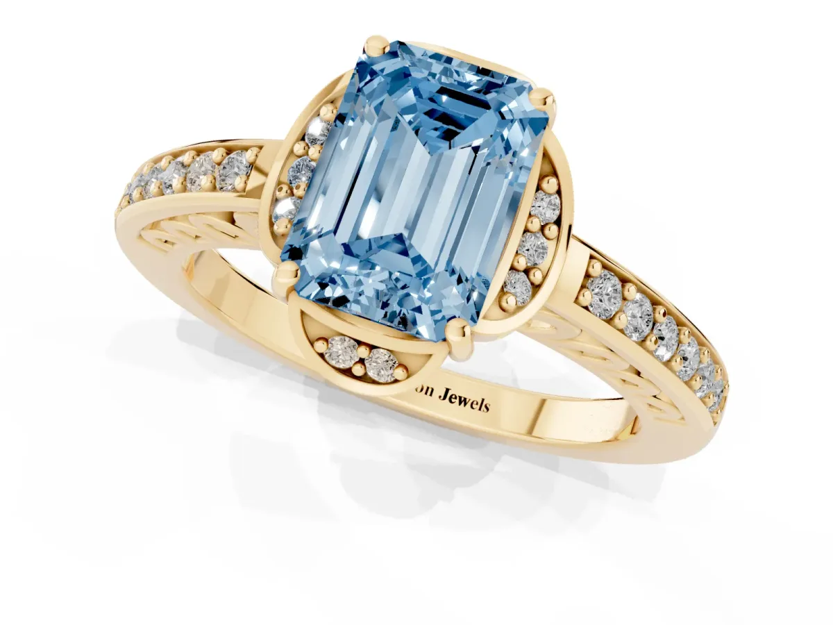 Fancy Blue Emerald Cut Cut Halo Diamond Ring with Channel Set Band and Four-Prong Setting Yellow gold