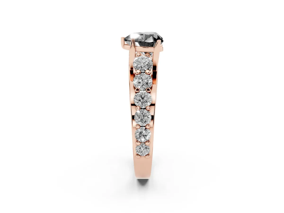 Fancy Black Heart Cut Diamond Engagement Ring with Pavé Band and Four-Prong Setting Rose gold