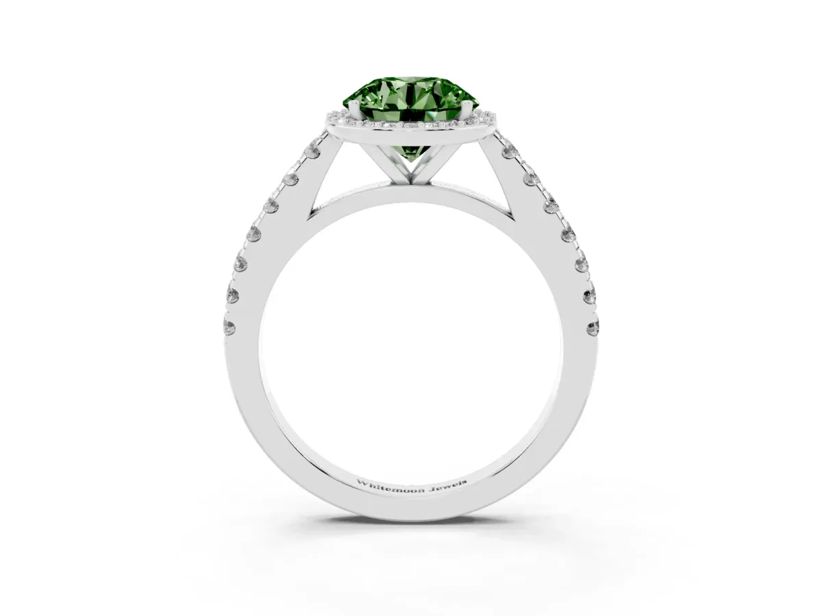 Fancy Green Round Cut Cut Halo Diamond Engagement Ring with Pave Band and Four-Prong Setting Platinum