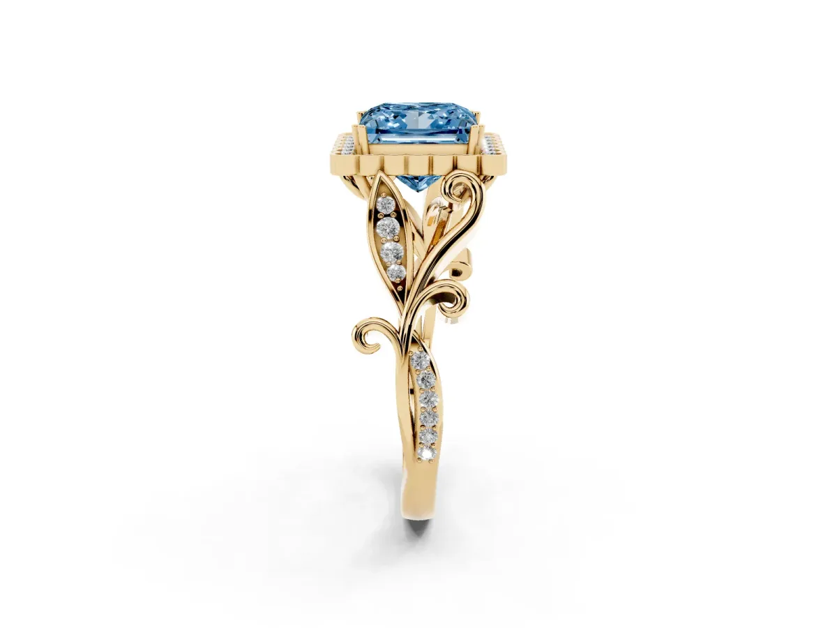 Fancy Blue Princess Cut Diamond Halo Ring with Vintage Split Shank and Four-Prong Setting Yellow gold