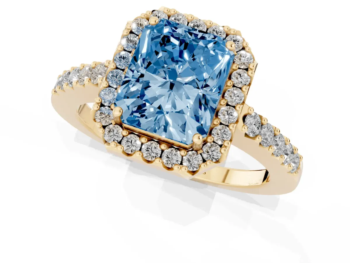 Fancy Blue Radiant Cut Halo Diamond Pavé Solitaire Ring Yellow gold