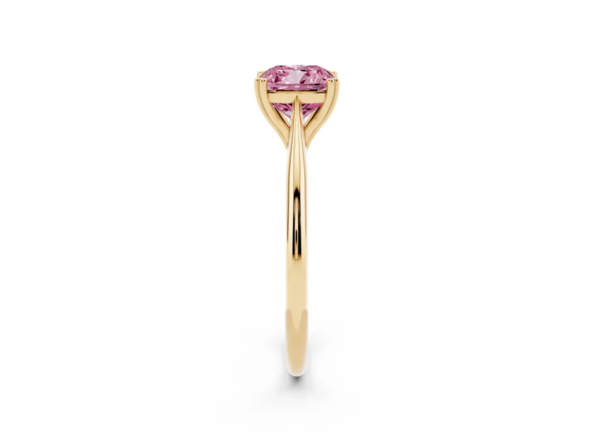 Fancy Pink Cushion Cut Solitaire Diamond Ring with Six-Prong Setting and Classic Band Yellow gold