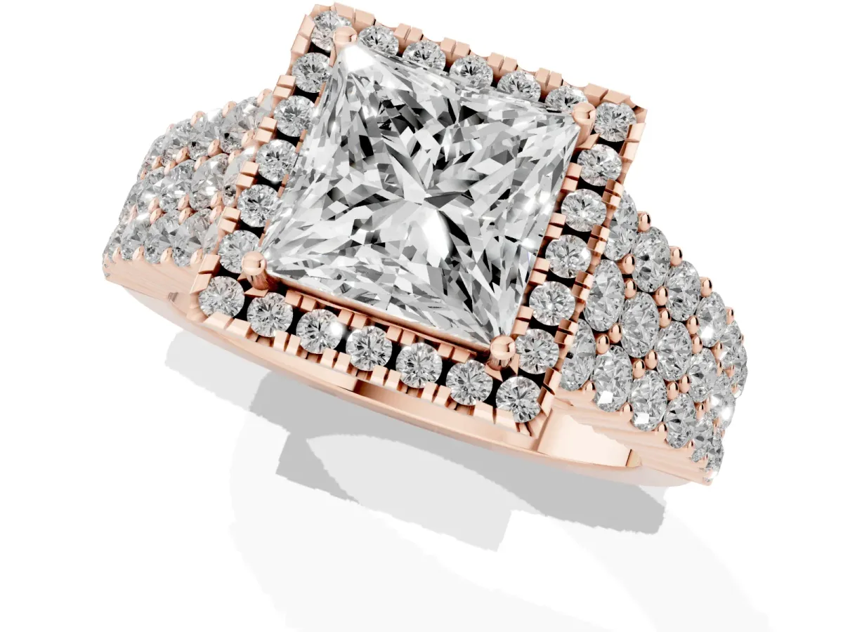 Princess Cut Diamond Halo Engagement Ring with Triple Row Round Pavé Band and Prong Setting Rose gold
