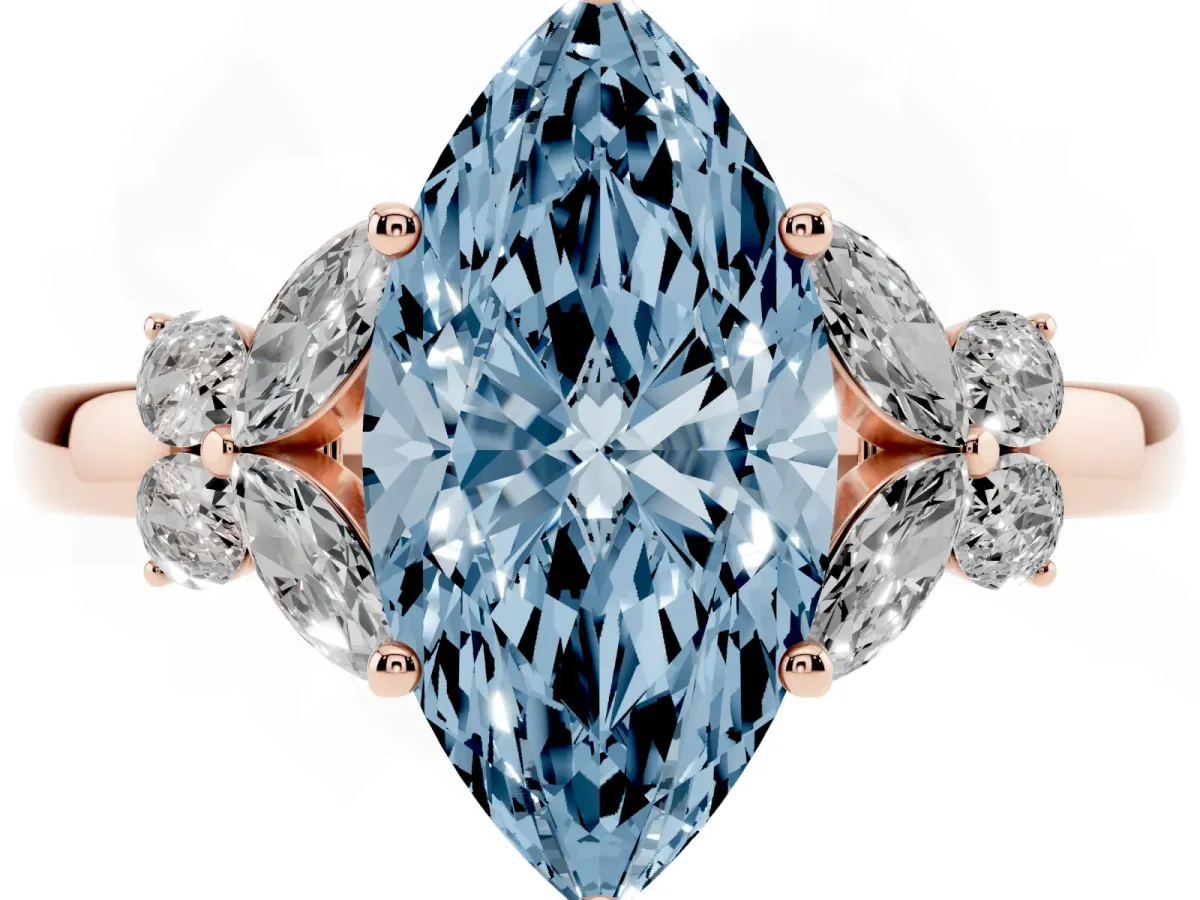 Fancy Blue Marquise Cut Cut Solitaire Floral Diamond Ring with Four-Prong Setting Rose gold