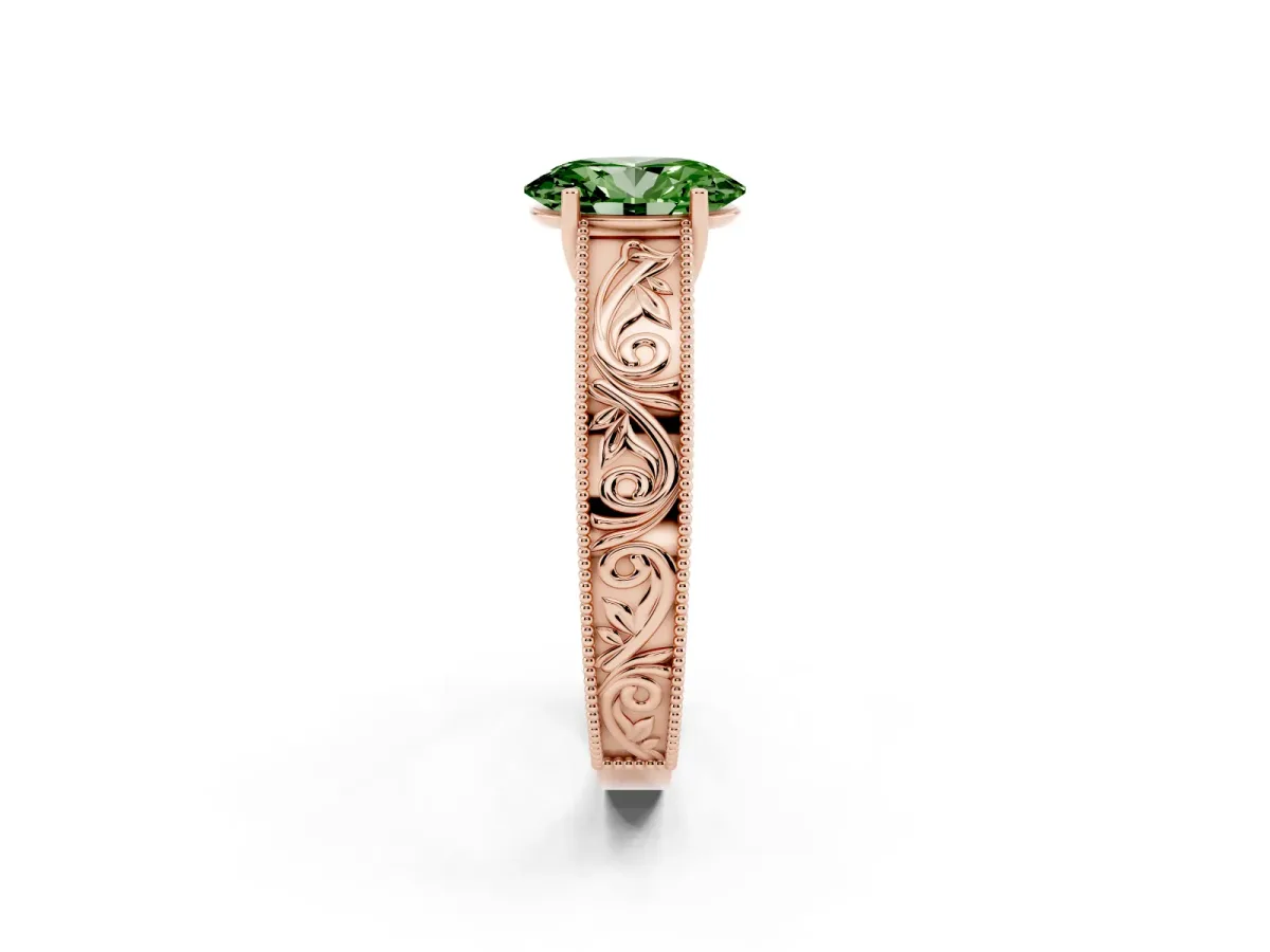 Fancy Green Oval Cut Diamond Solitaire Ring with Engraved Band and Four-Prong Setting Rose gold