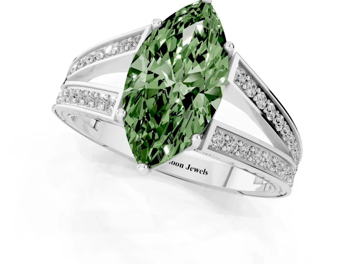 Fancy Green Marquise Cut Diamond Split Shank Ring with Pavé Band and Four-Prong Setting White gold
