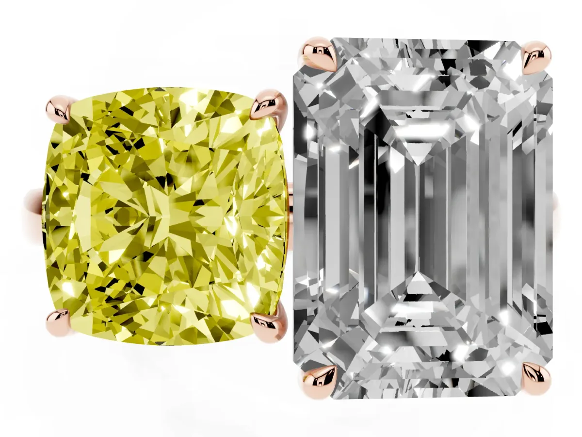 Fancy Yellow Cushion Cut and Emerald Cut Toi Moi Ring with Prong Setting Rose gold