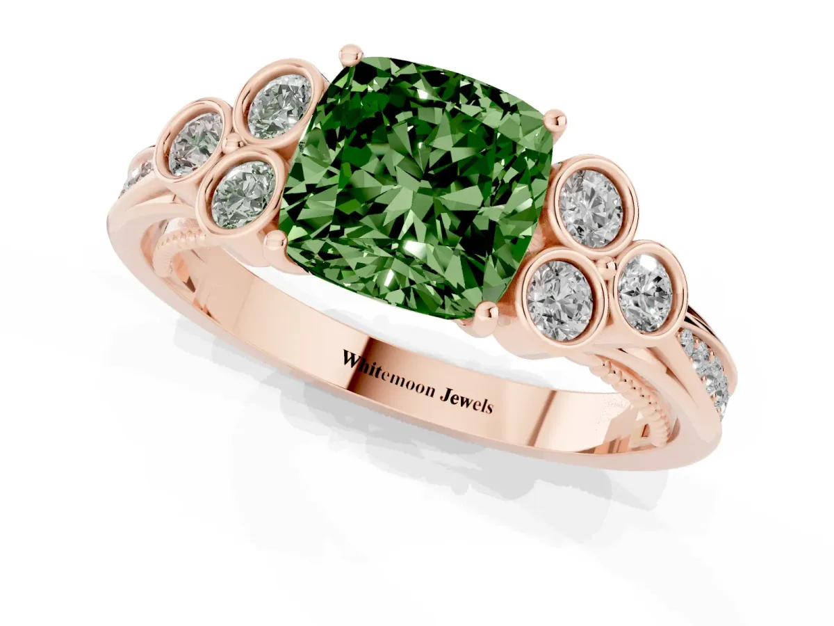 Fancy Green Cushion Cut Cut Diamond Engagement Ring with Bezel Set Round Side Stones and Prong Setting Rose gold