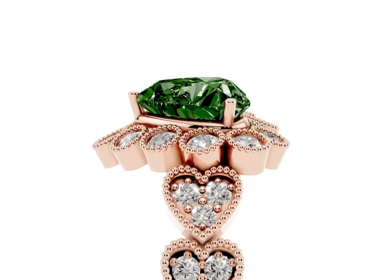 Fancy Green Heart Cut Brilliant Milgrain Pave Heart Band Solitaire Ring Rose gold