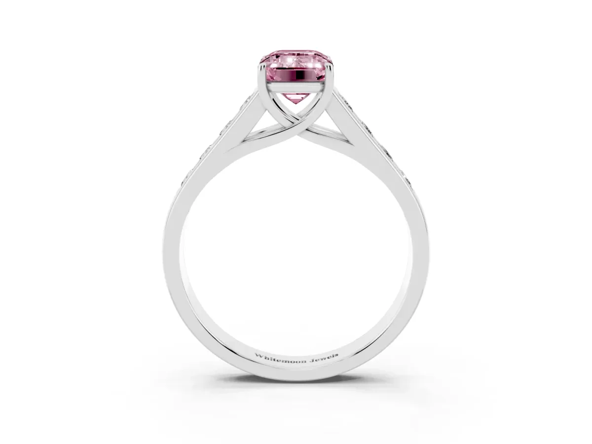 Fancy Pink Emerald Cut Solitaire Channel-Set Diamond Engagement Ring with Four-Prong Setting Platinum