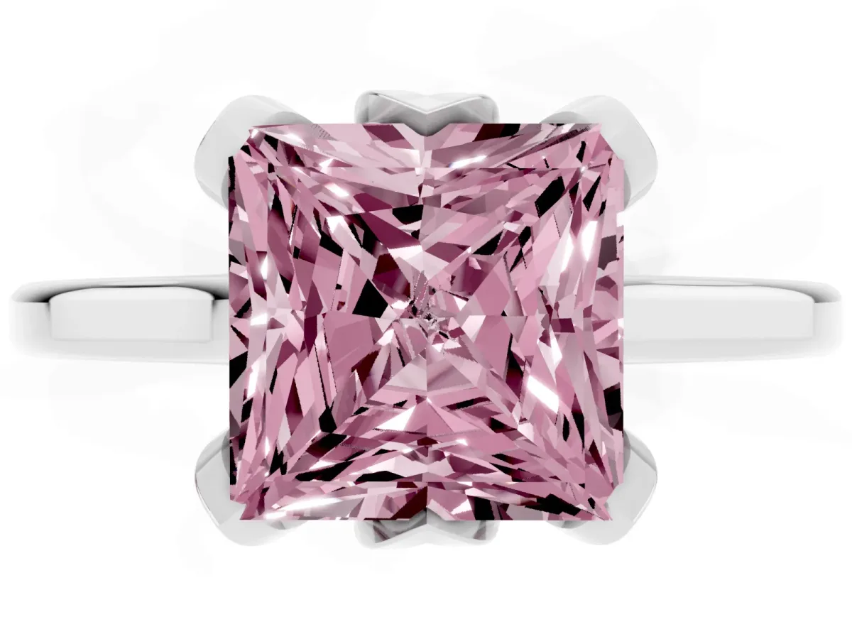 Fancy Pink Princess Cut Diamond Solitaire Ring with Flower Prong Setting and Classic Band Silver