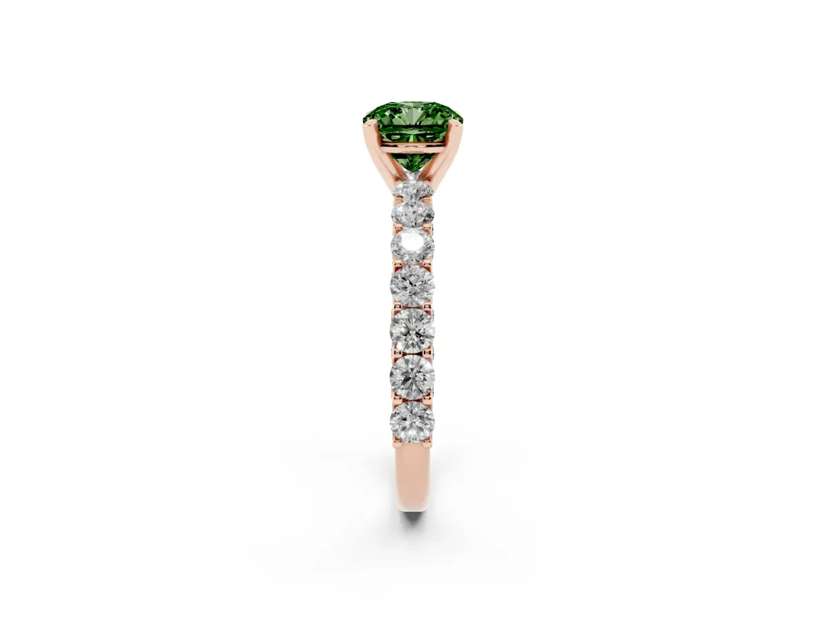 Fancy Green Cushion Cut Diamond Solitaire Ring with Shared Prong Pavé Band and Four-Prong Setting Rose gold