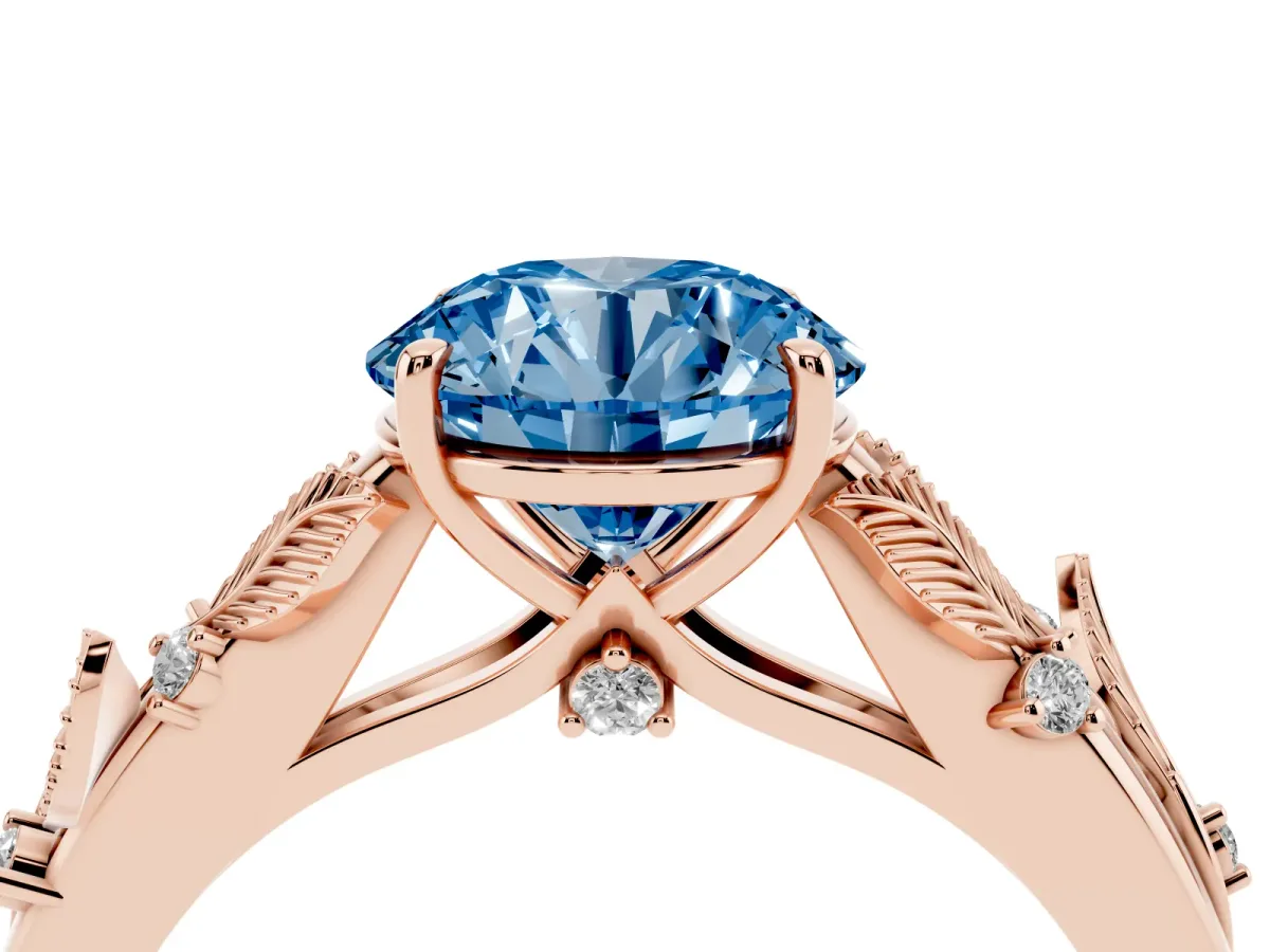 Fancy Blue Round Cut Diamond Solitaire Ring with Leaf Motif Band and Four-Prong Setting Rose gold
