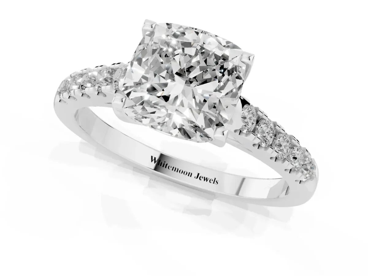Cushion Cut Diamond Pavé Band Solitaire Ring with Prong Setting Platinum