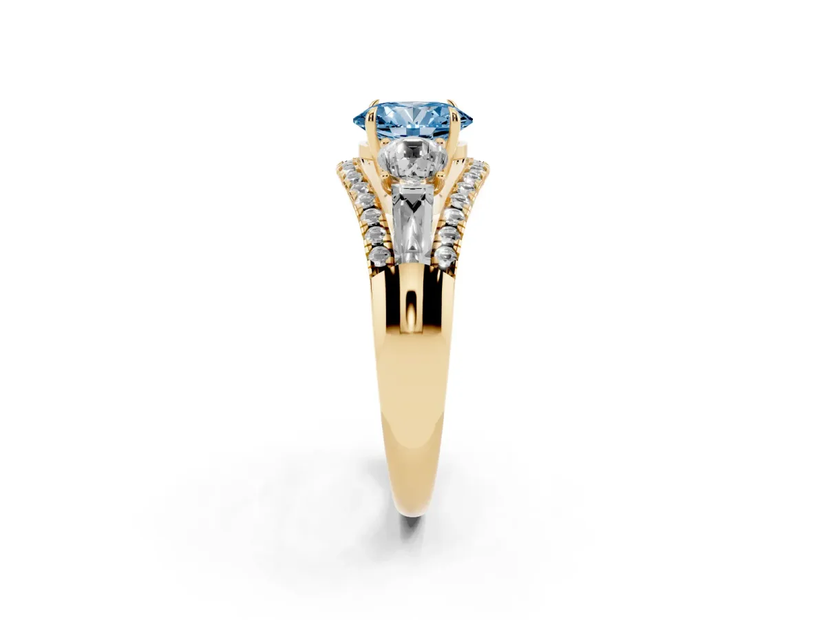 Fancy Blue Three-Stone Oval Cut Diamond Engagement Ring with Pave Band and Prong Setting Yellow gold