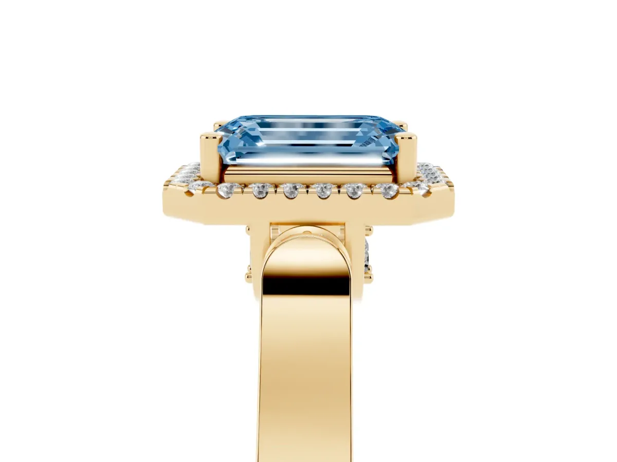 Fancy Blue Emerald Cut Halo Round Diamond Twist Band with Four-Prong Setting Yellow gold