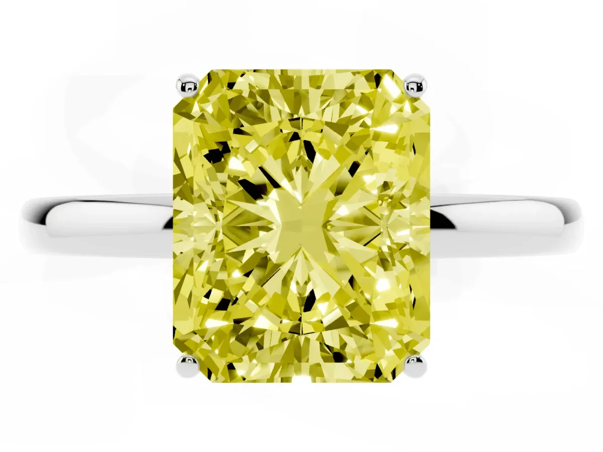 Fancy Yellow Radiant Cut Solitaire Diamond Ring with Prong Setting and Plain Band Platinum