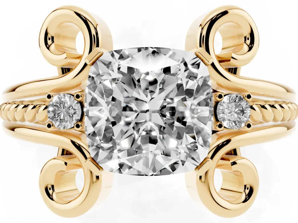 Cushion Cut Solitaire Twisted Band Scroll Prong Ring Yellow gold