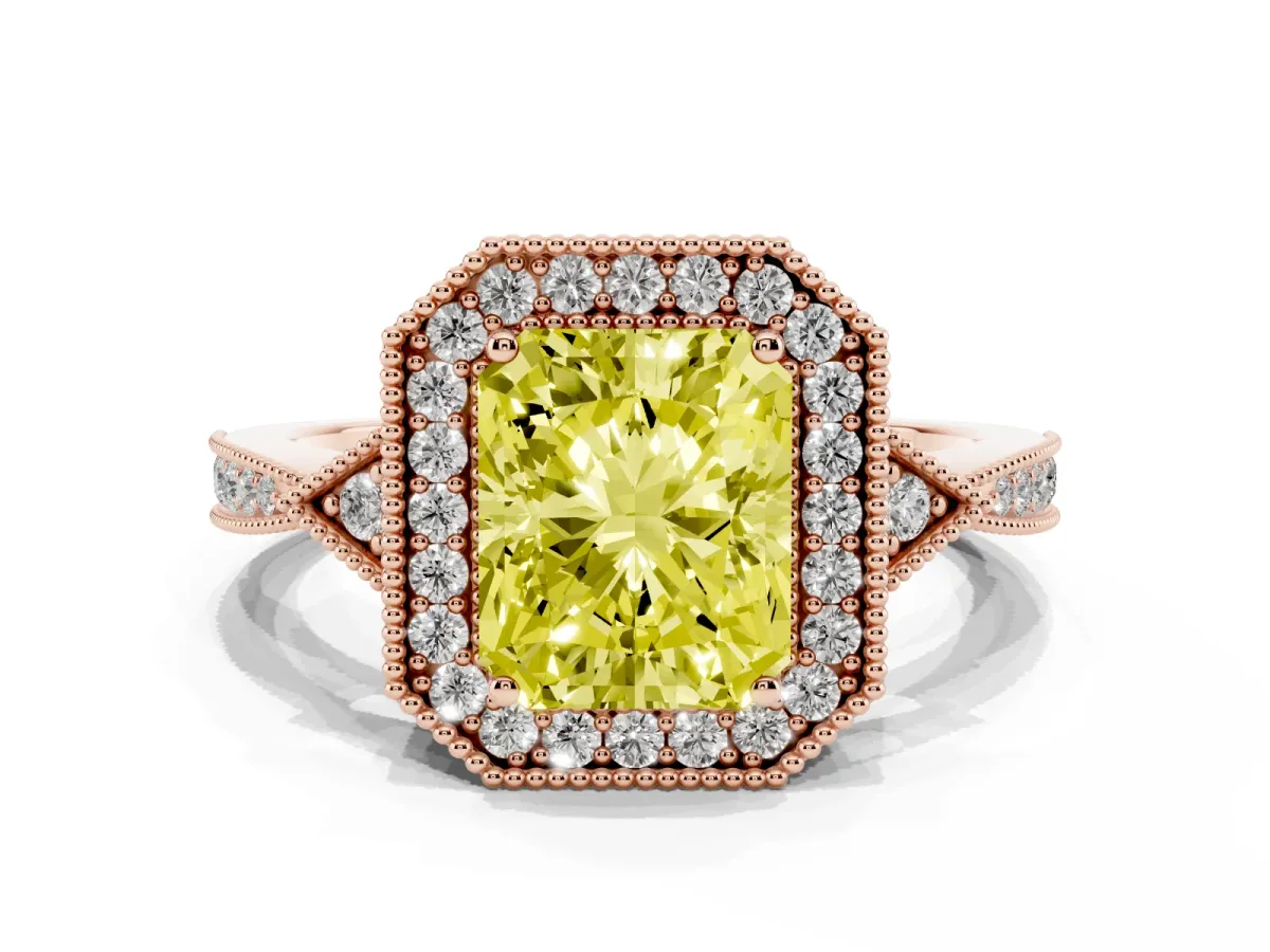 Fancy Yellow Radiant Cut Halo Round Diamond Milgrain Pave Engagement Ring Rose gold