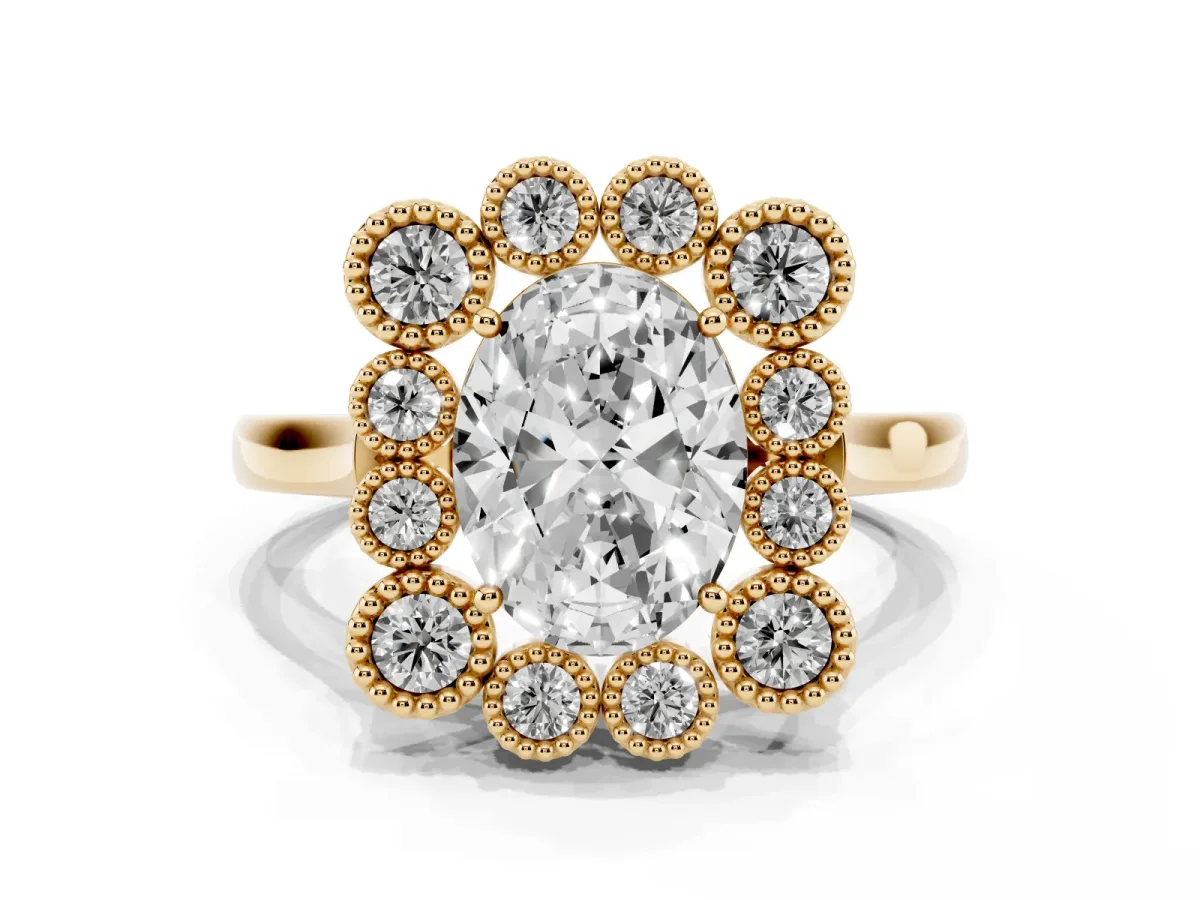 Oval Cut Halo Diamond Cluster Engagement Ring with Milgrain Bezel Setting and Solitaire Band Yellow gold