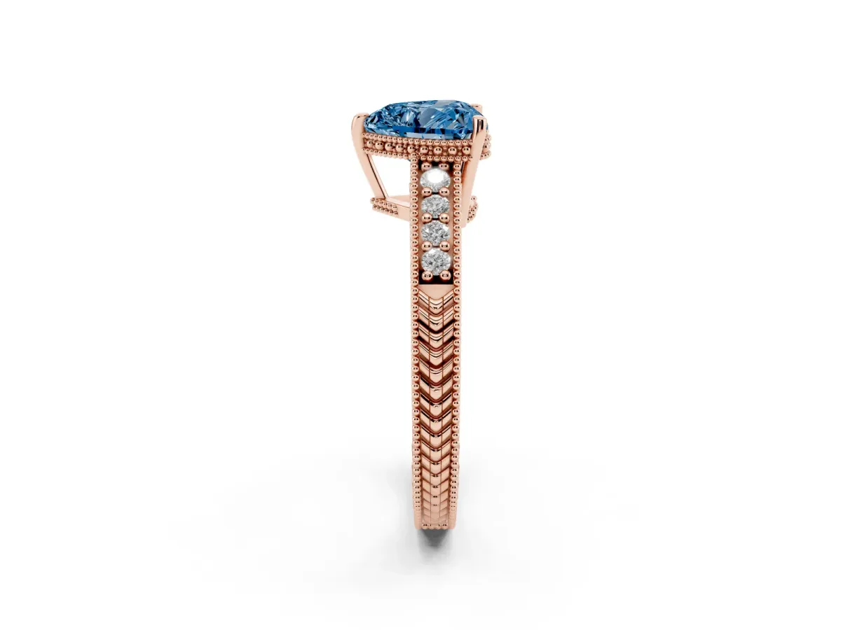 Fancy Blue Heart Cut Solitaire Pavé Diamond Milgrain Engagement Ring with Four-Prong Setting Rose gold
