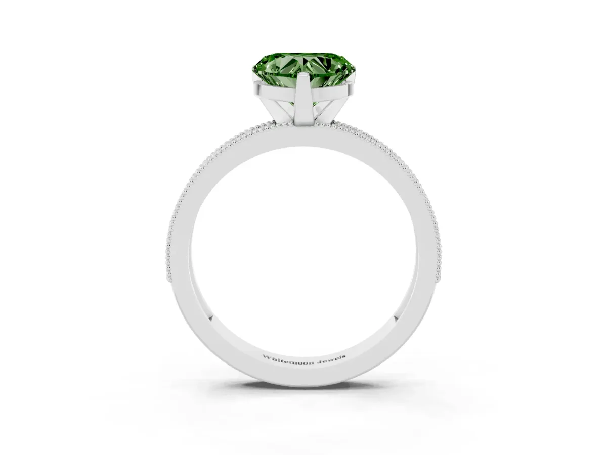 Fancy Green Heart Cut Diamond Milgrain Pavé Engagement Ring with Four-Prong Setting Silver