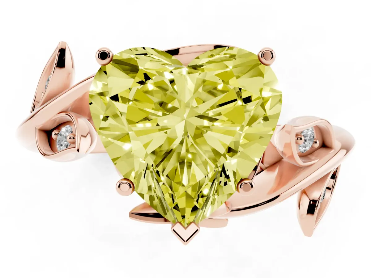 Fancy Yellow Heart Cut Solitaire Twist Engagement Ring with Leaf Accents and Prong Setting Rose gold
