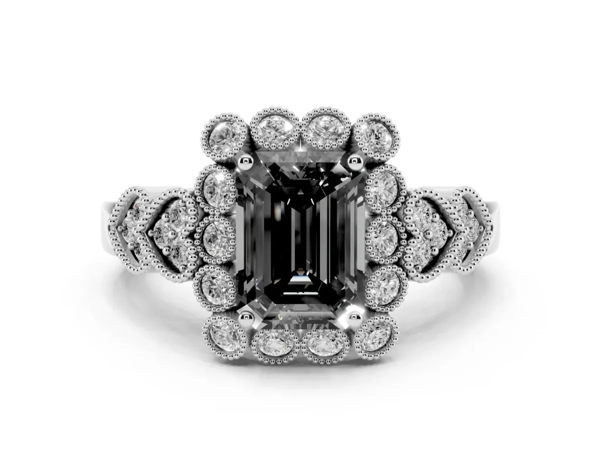 Fancy Black Emerald Cut Brilliant Milgrain Pave Heart Band Solitaire Ring Silver