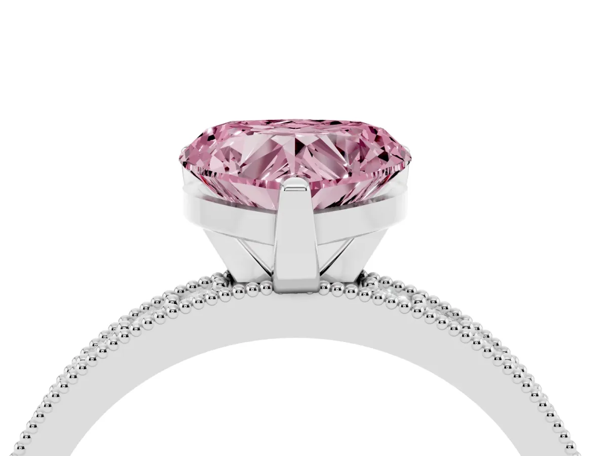 Fancy Pink Heart Cut Diamond Milgrain Pavé Engagement Ring with Four-Prong Setting Silver