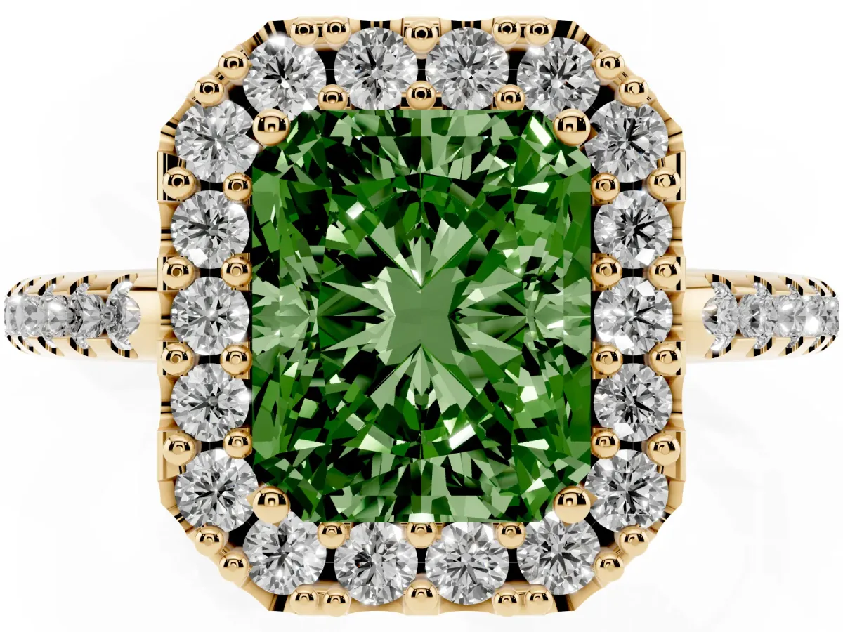 Fancy Green Radiant Cut Diamond Pavé Halo Ring with Four-Prong Setting Yellow gold