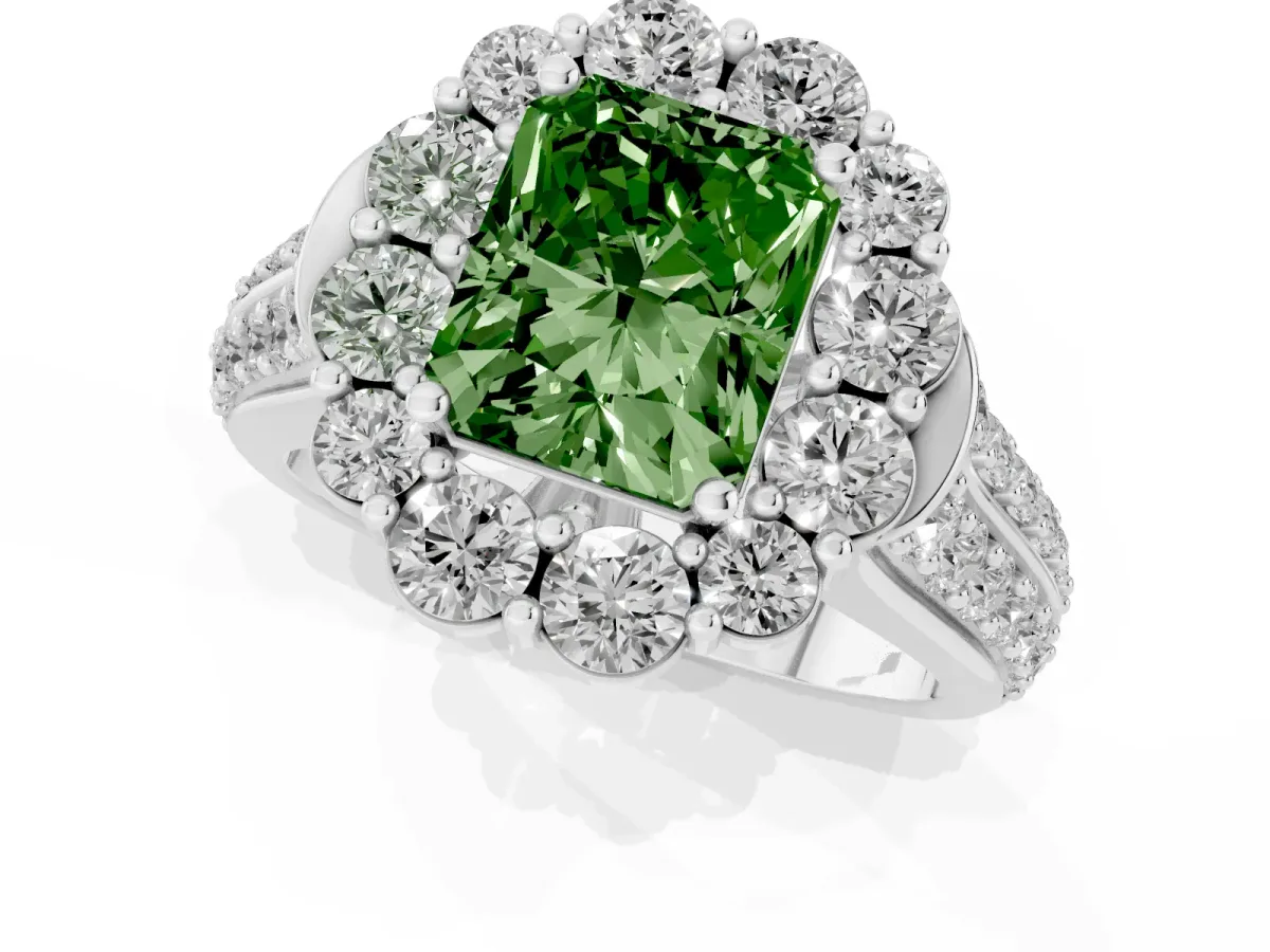 Fancy Green Radiant Cut Halo Diamond Engagement Ring with Split Shank and Prong Setting Silver
