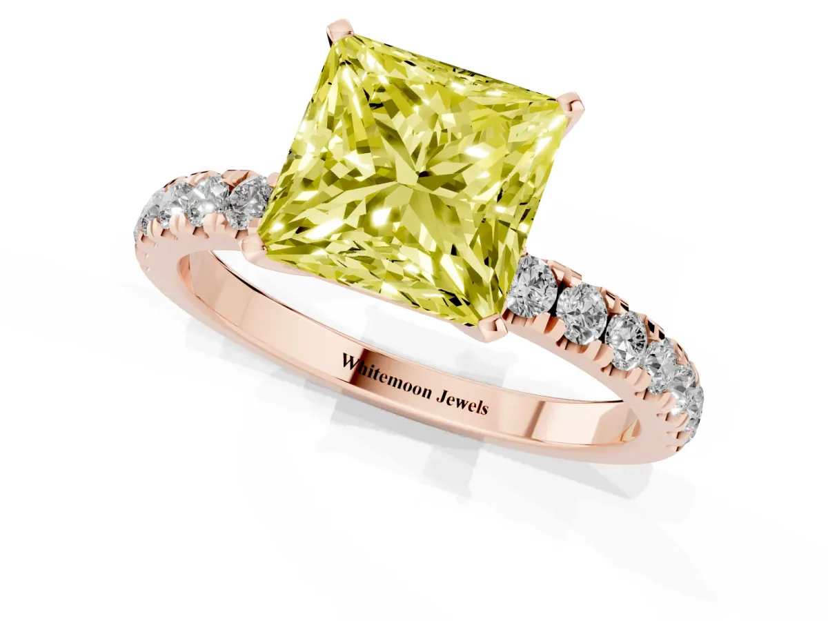Fancy Yellow Princess Cut Diamond Solitaire Ring with Pavé Accents and Four-Prong Setting Rose gold
