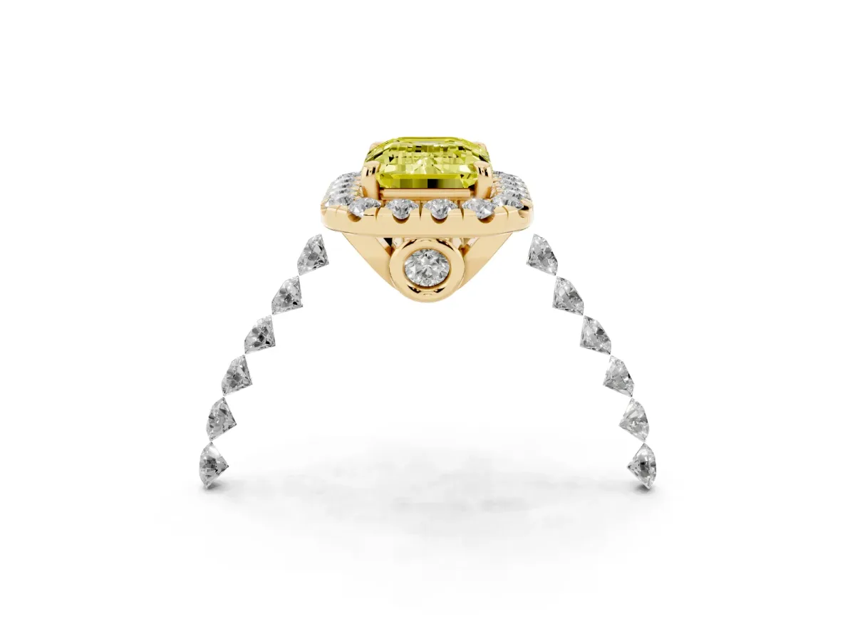Fancy Yellow Emerald Cut Halo Pavé Diamond Engagement Ring with Four-Prong Setting Yellow gold