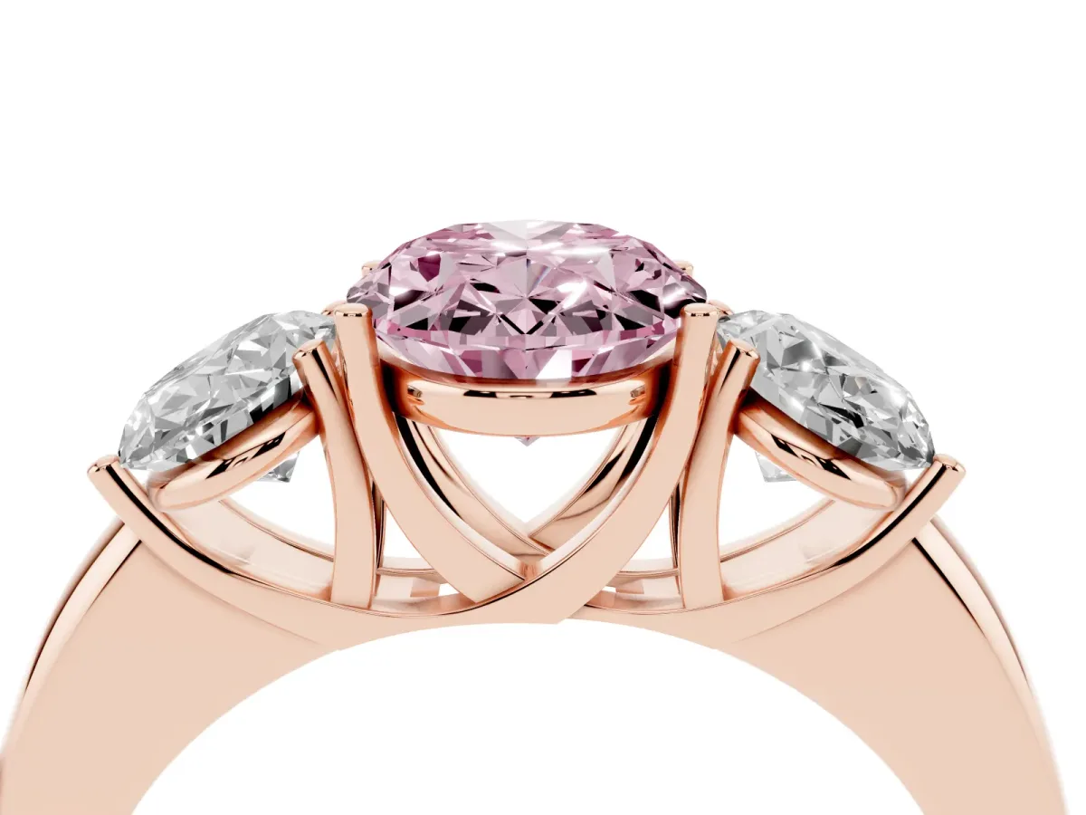 Fancy Pink Oval Cut Diamond Three-Stone Ring with Four-Prong Setting and Classic Band Rose gold