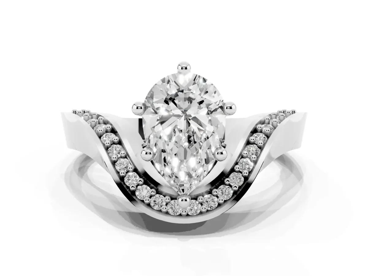Pear Cut Solitaire Diamond Engagement Ring with Pave Band and Four-Prong Setting White gold