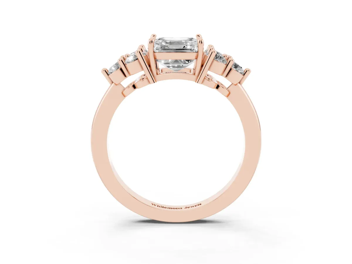 Asscher Cut Brilliant Diamond Cluster Accent Solitaire Ring with Prong Setting Rose gold