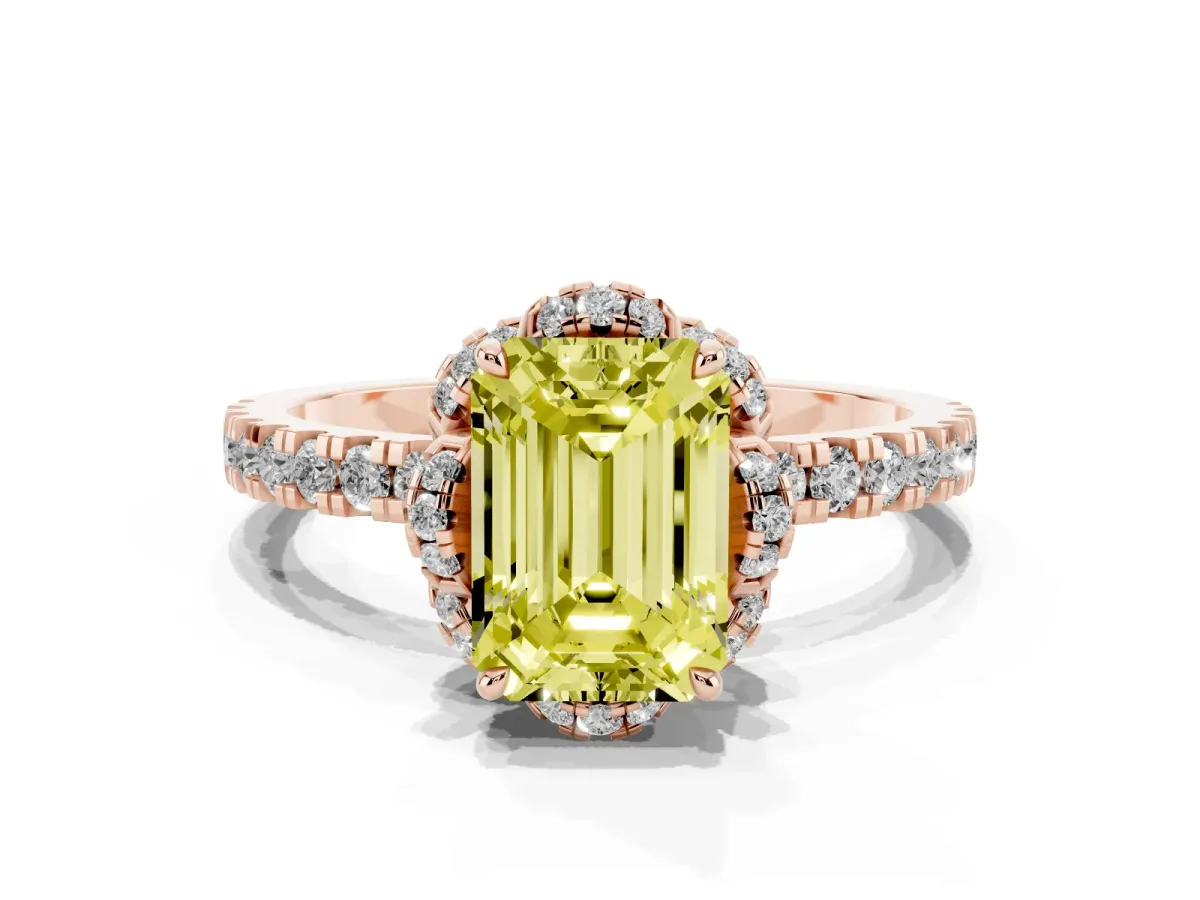 Fancy Yellow Emerald Cut Halo Diamond Pave Band Ring with Four-Prong Setting Rose gold