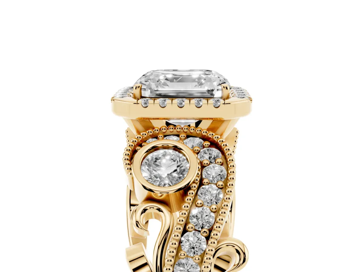 Asscher Cut Diamond Halo Ring with Milgrain Pavé Band and Four-Prong Setting Yellow gold