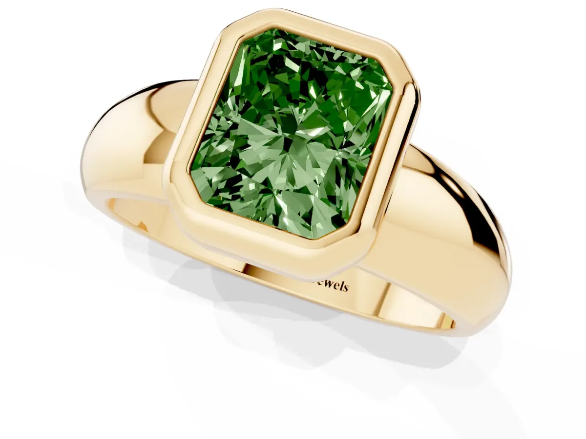 Fancy Green Bezel Set Radiant Cut Solitaire Ring with Wide Band Yellow gold