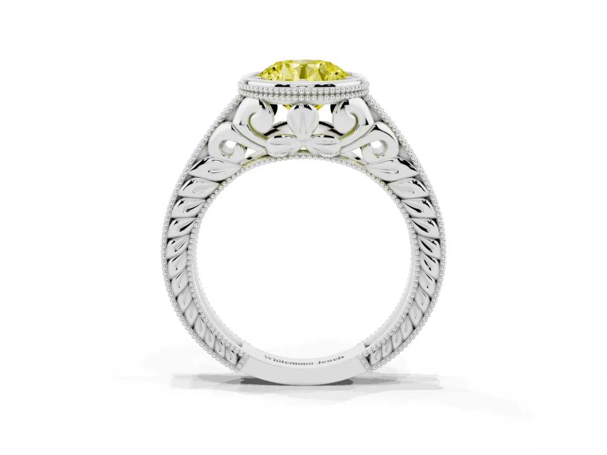 Fancy Yellow Bezel Set Round Cut Diamond Milgrain Pave Engagement Ring Silver