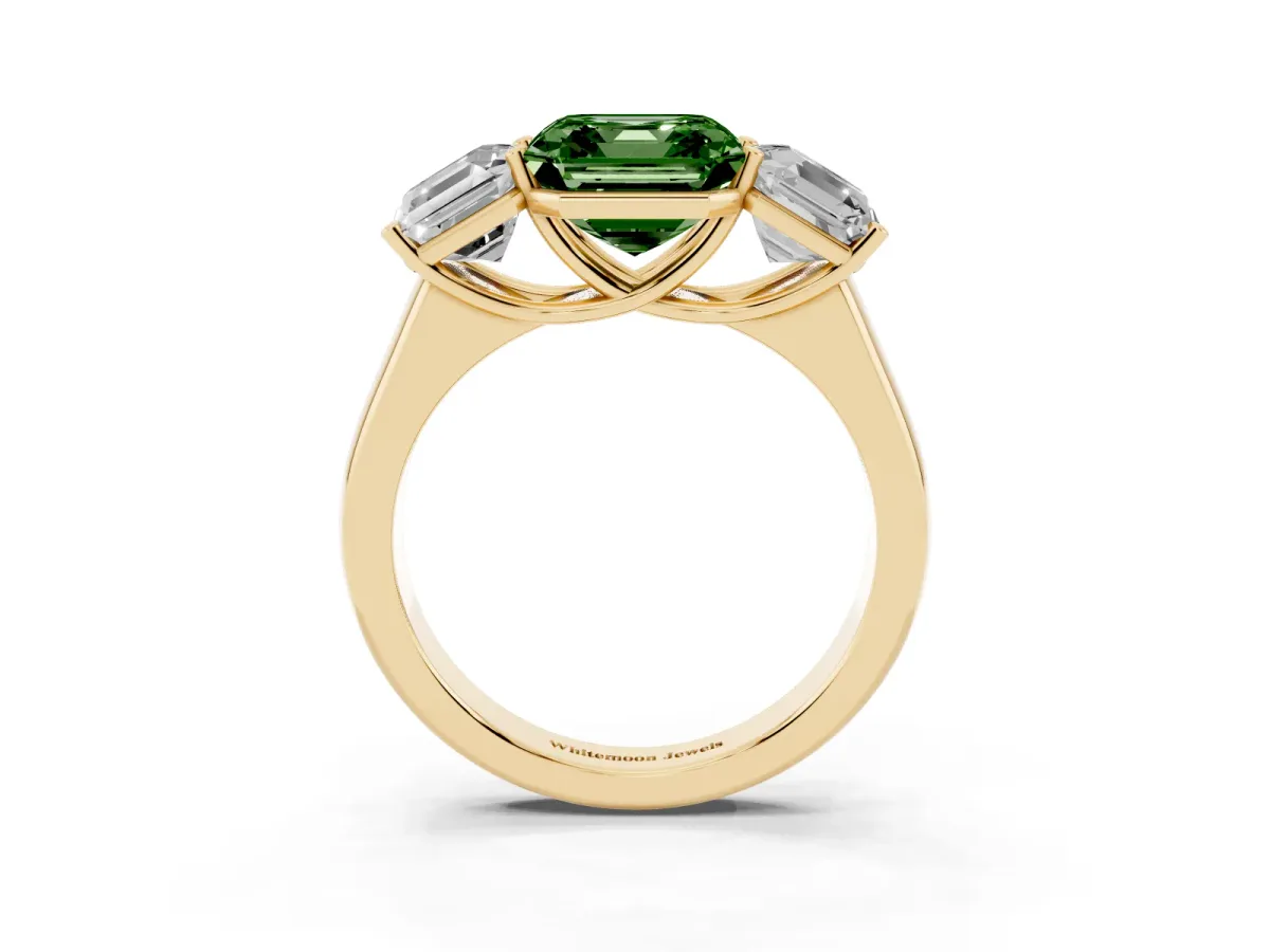 Fancy Green Asscher Cut Three-Stone Diamond Ring with Prong Setting on a Classic Band Yellow gold